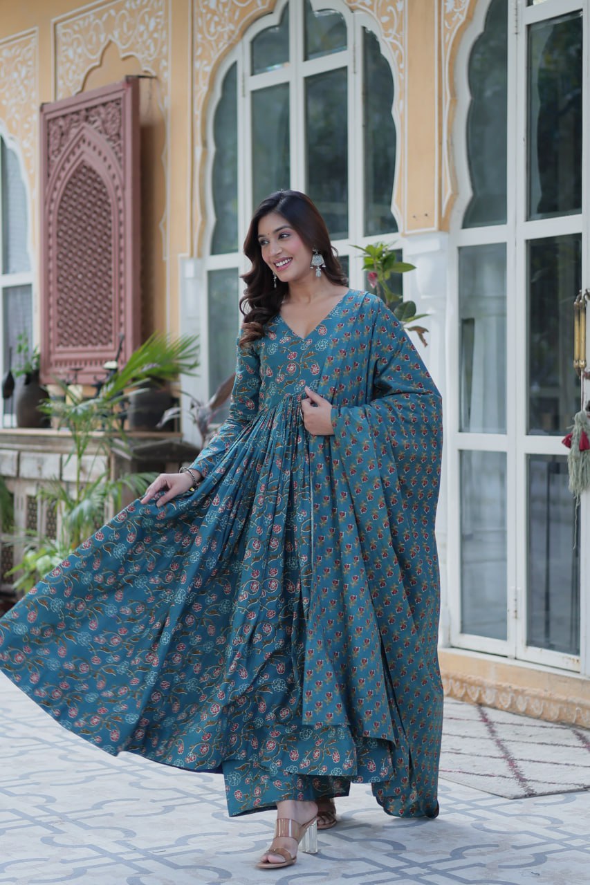 Elegant Teal Floral Anarkali Set for a Royal Look