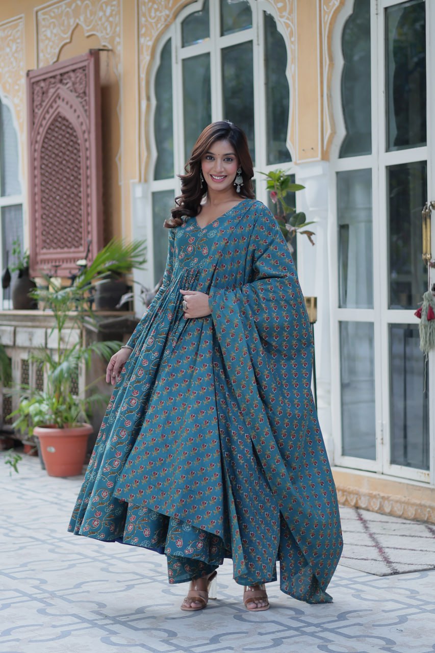 Elegant Teal Floral Anarkali Set for a Royal Look