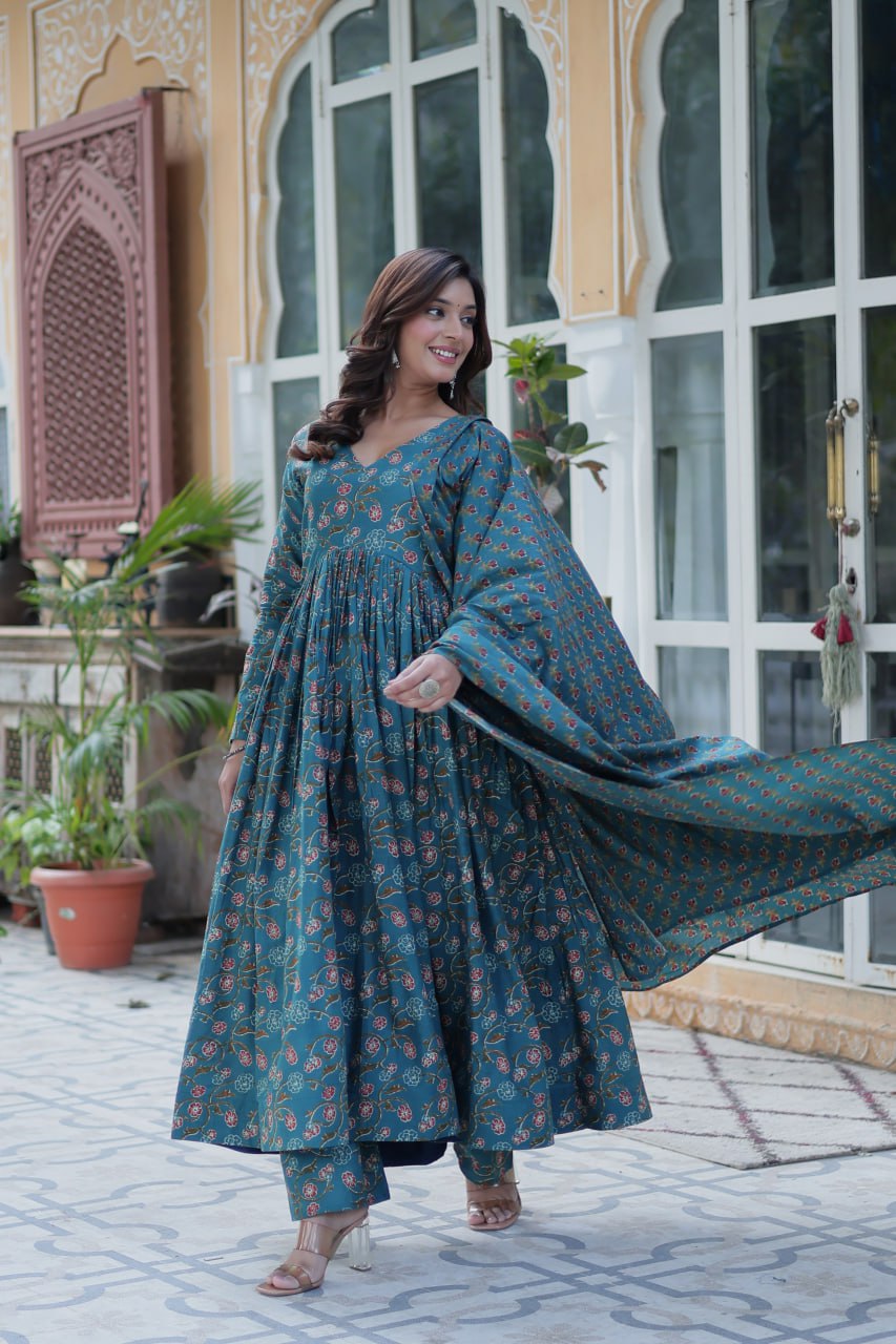 Elegant Teal Floral Anarkali Set for a Royal Look