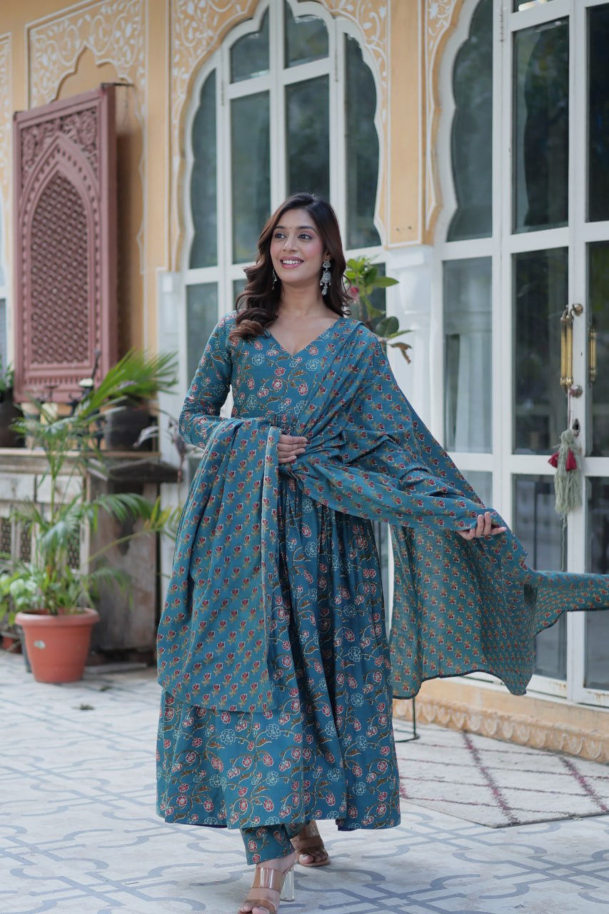 Elegant Teal Floral Anarkali Set for a Royal Look