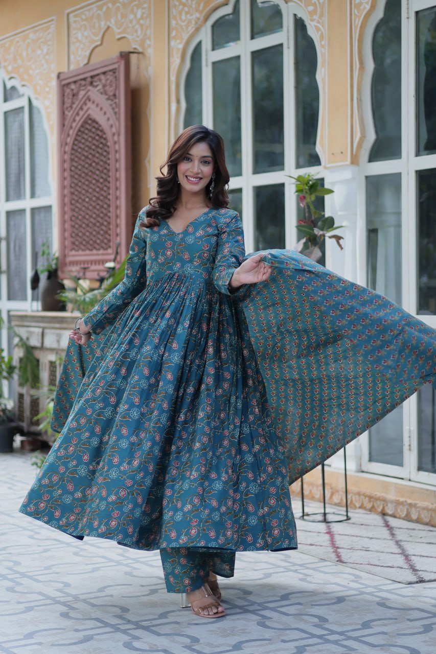 Elegant Teal Floral Anarkali Set for a Royal Look