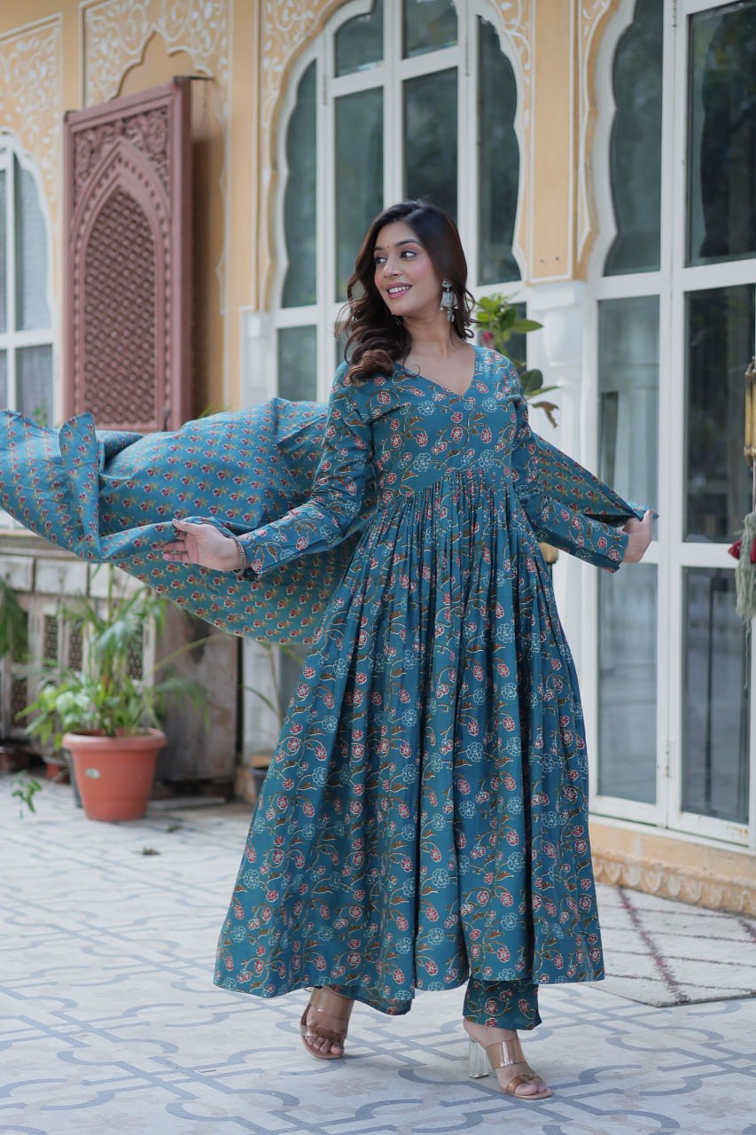 Elegant Teal Floral Anarkali Set for a Royal Look