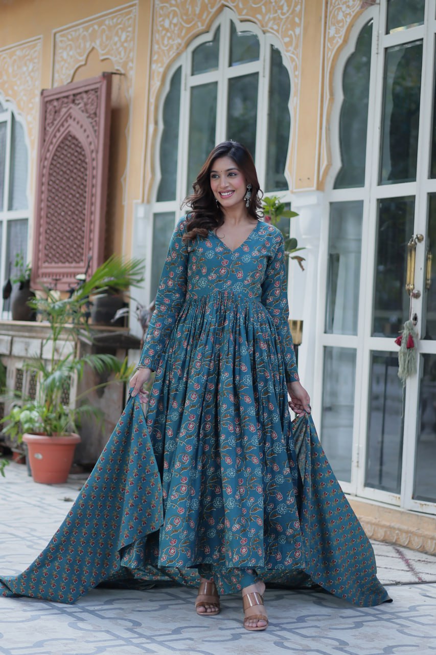 Elegant Teal Floral Anarkali Set for a Royal Look