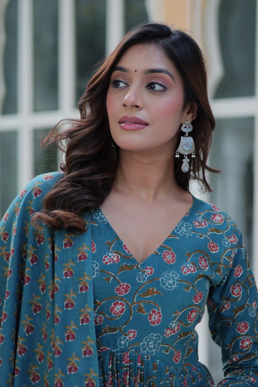Elegant Teal Floral Anarkali Set for a Royal Look