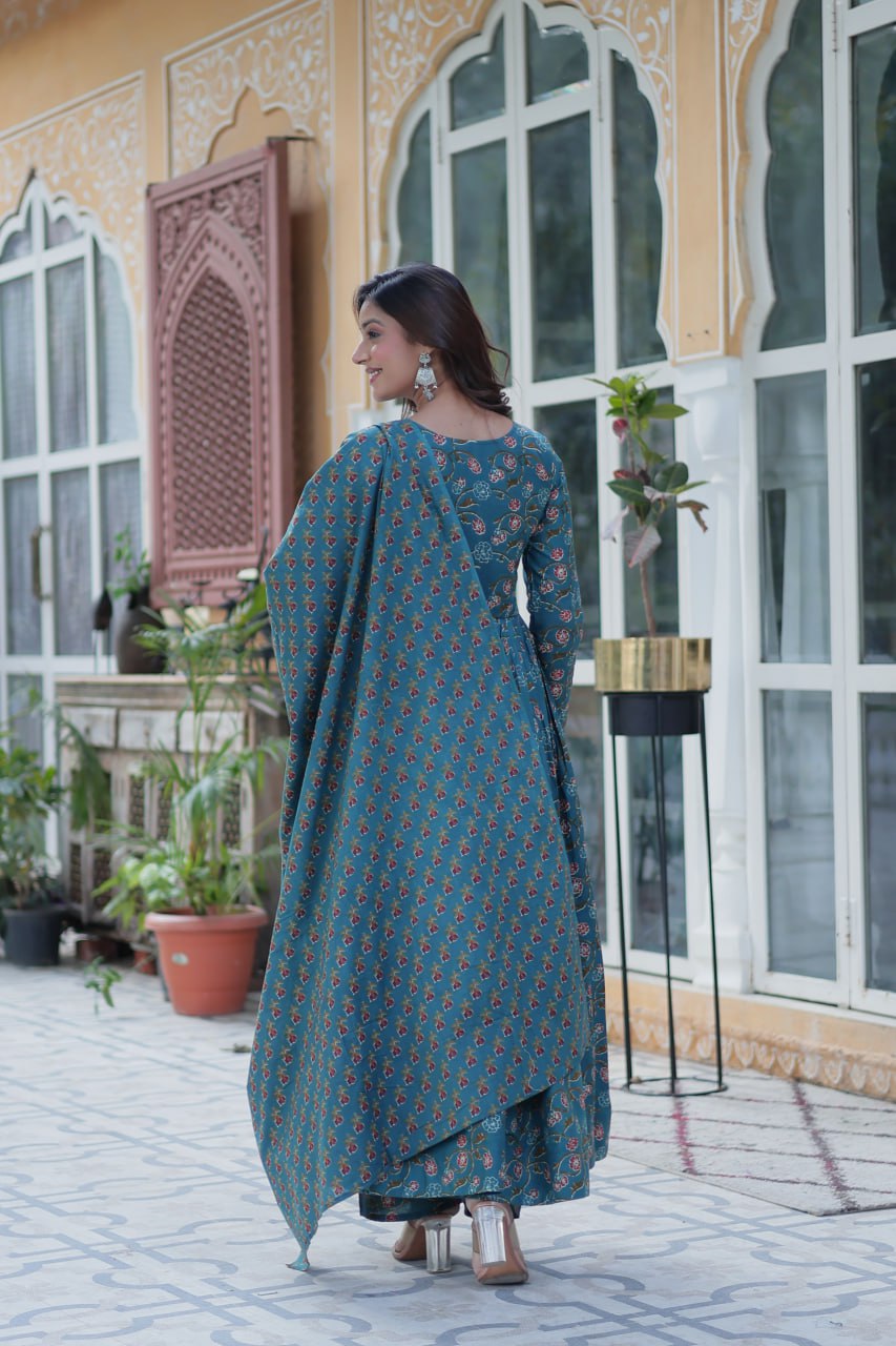 Elegant Teal Floral Anarkali Set for a Royal Look