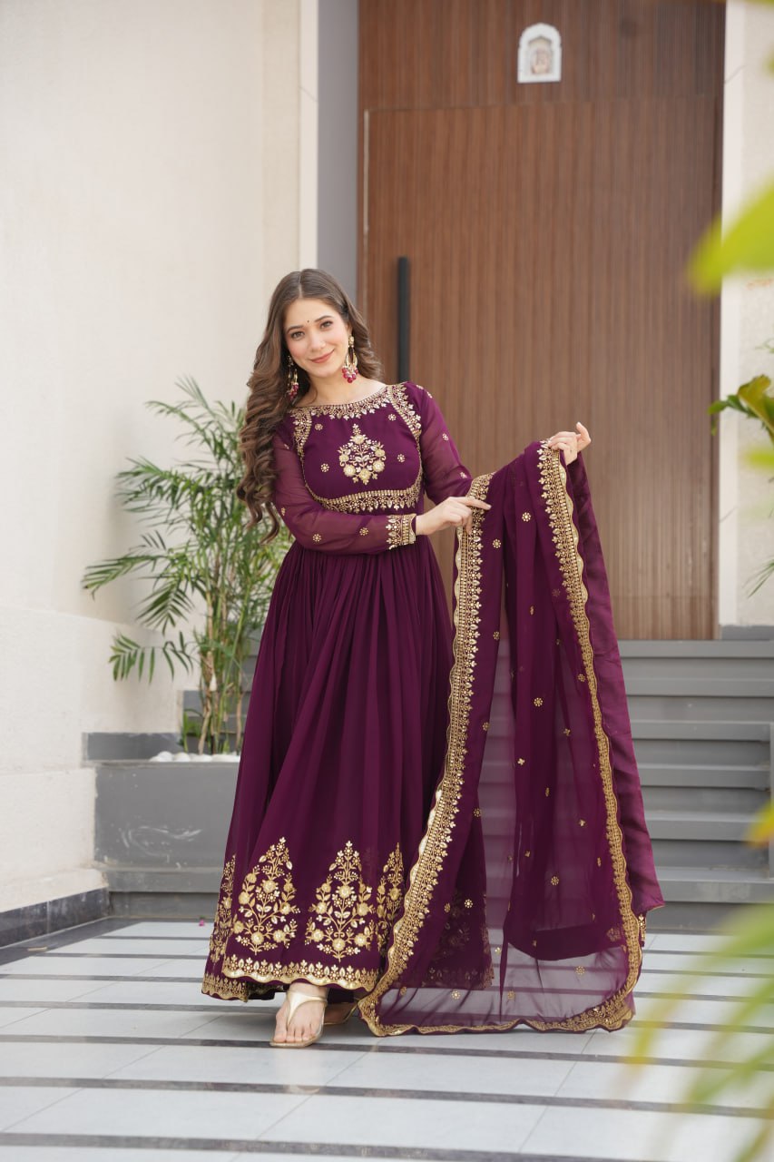 Faux Blooming Georgette with Zari Thread & Sequins Embroidery