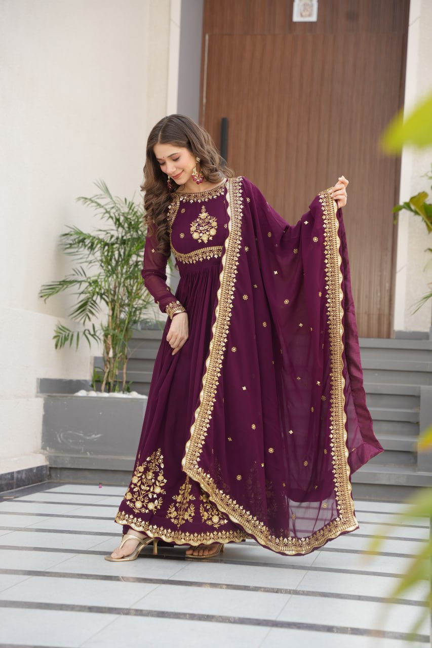 Faux Blooming Georgette with Zari Thread & Sequins Embroidery