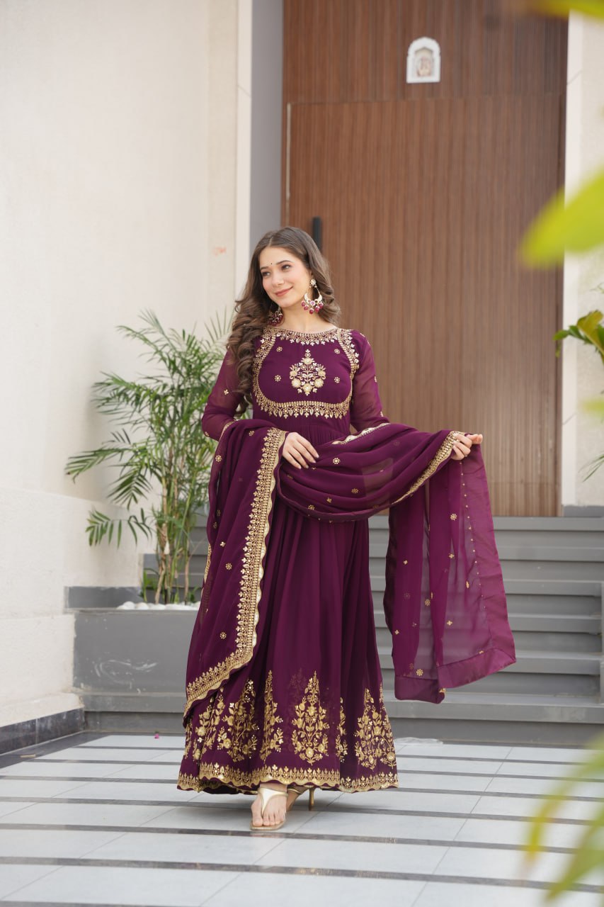 Faux Blooming Georgette with Zari Thread & Sequins Embroidery