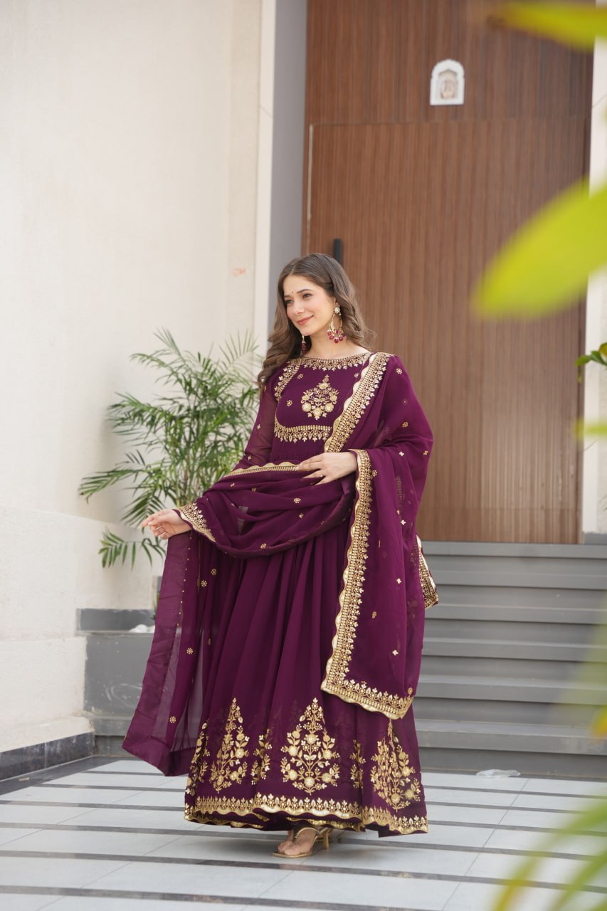 Faux Blooming Georgette with Zari Thread & Sequins Embroidery