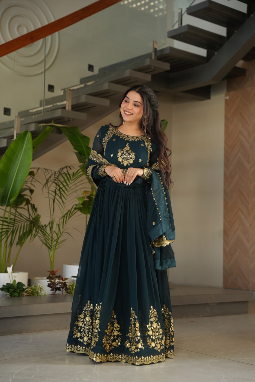 Dark Green Faux Blooming Georgette with Zari Thread &amp; Sequins Embroidery