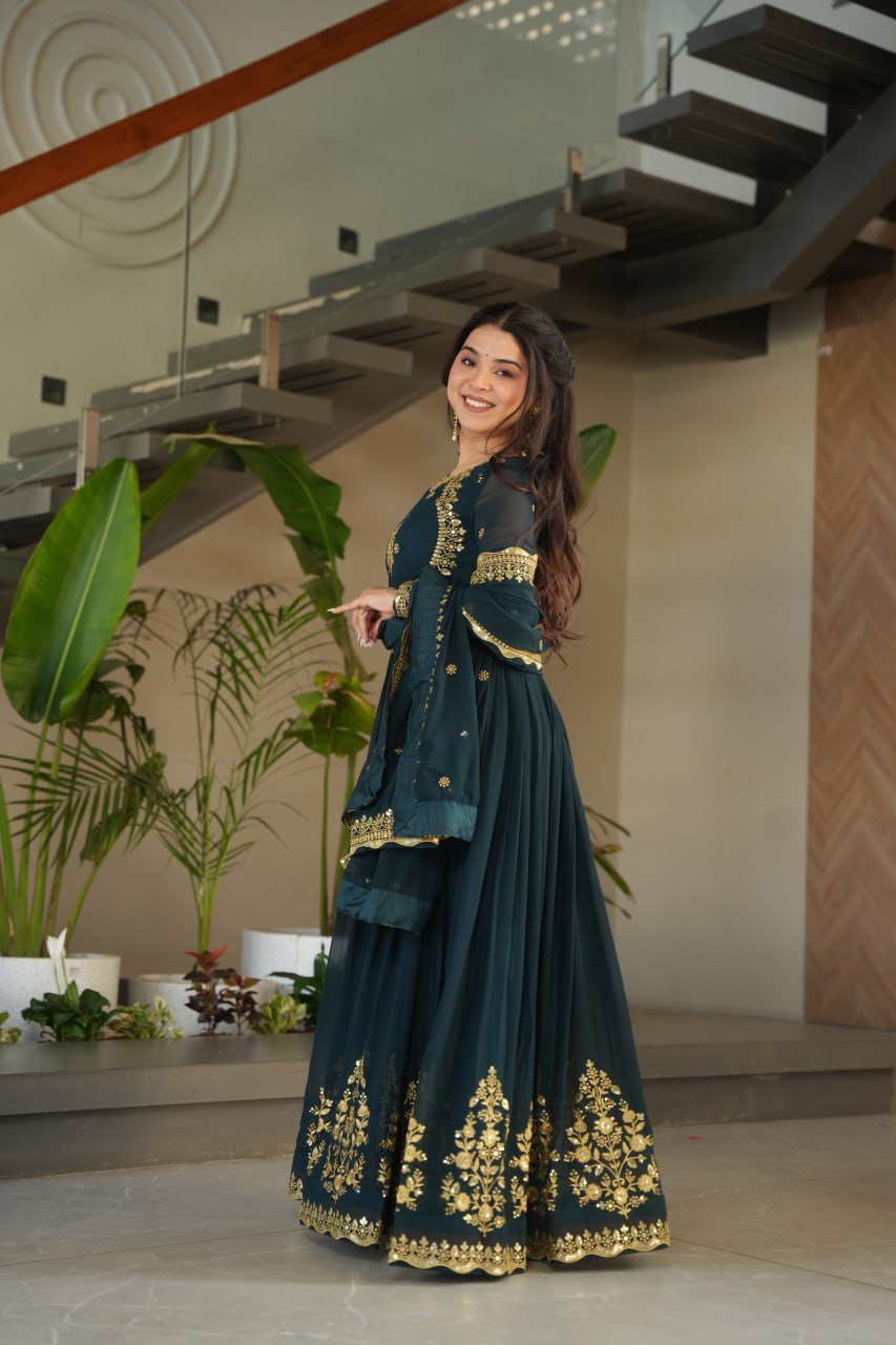 Dark Green Faux Blooming Georgette with Zari Thread &amp; Sequins Embroidery