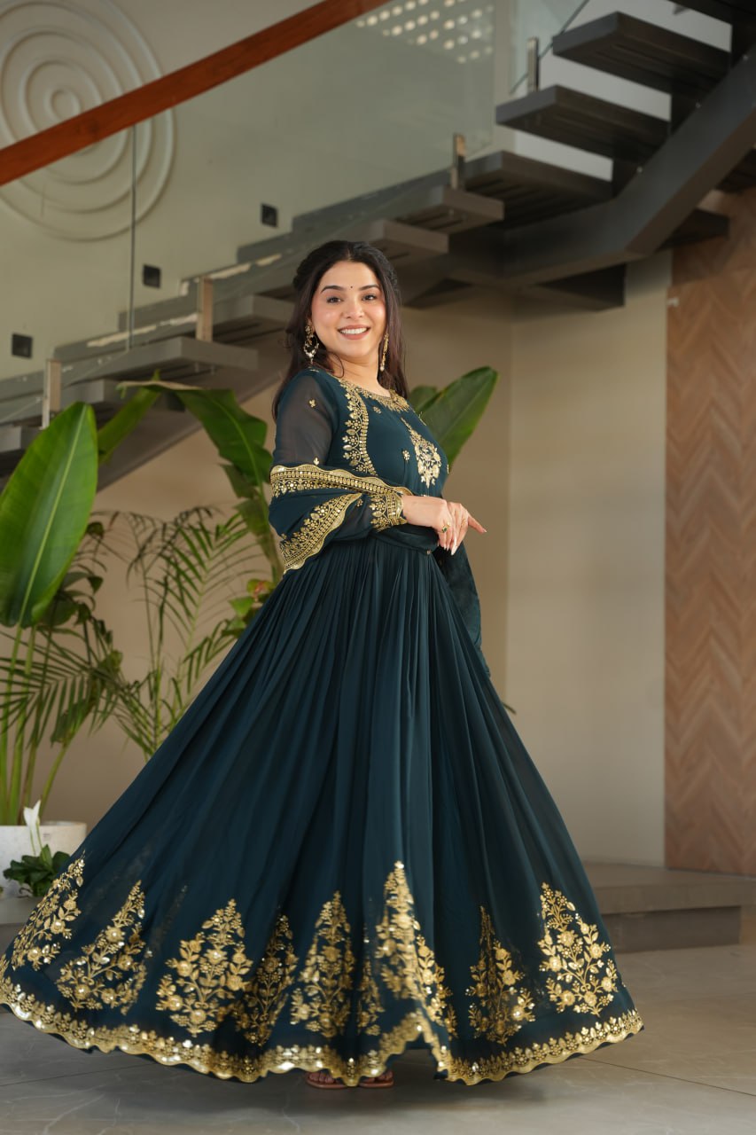 Dark Green Faux Blooming Georgette with Zari Thread &amp; Sequins Embroidery