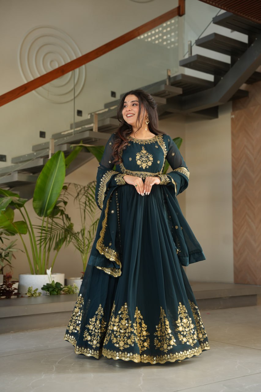 Dark Green Faux Blooming Georgette with Zari Thread &amp; Sequins Embroidery