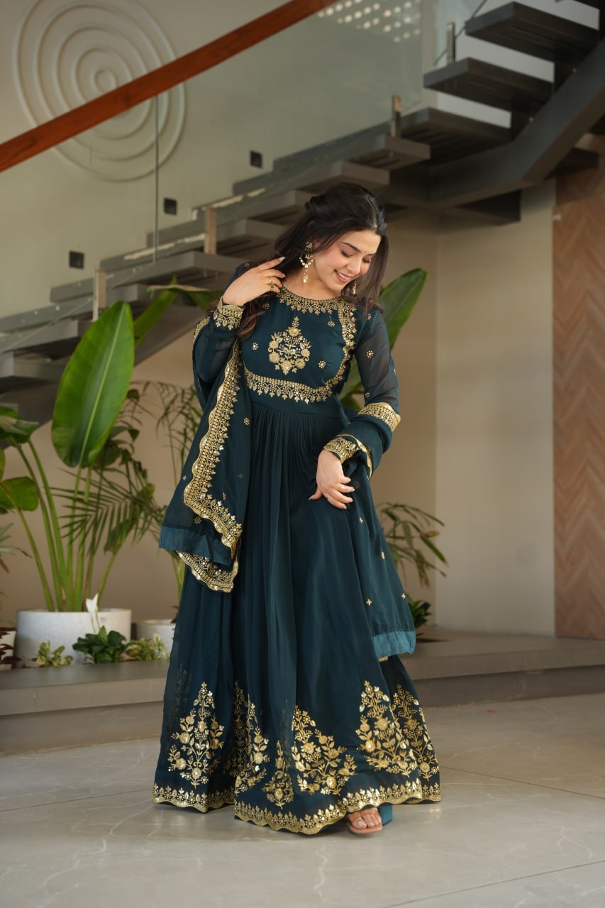 Dark Green Faux Blooming Georgette with Zari Thread &amp; Sequins Embroidery