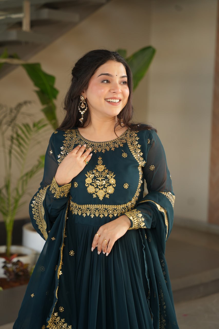 Dark Green Faux Blooming Georgette with Zari Thread &amp; Sequins Embroidery