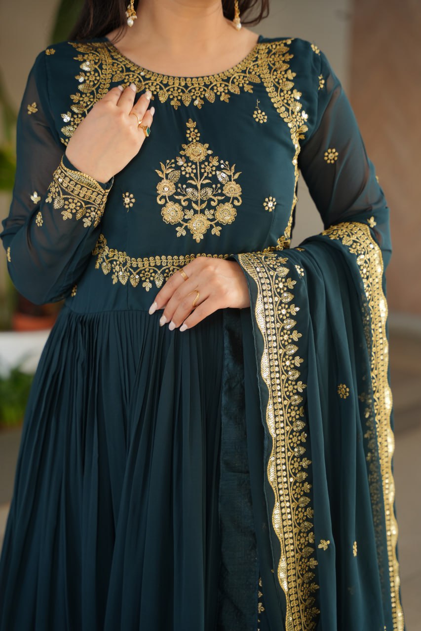 Dark Green Faux Blooming Georgette with Zari Thread &amp; Sequins Embroidery