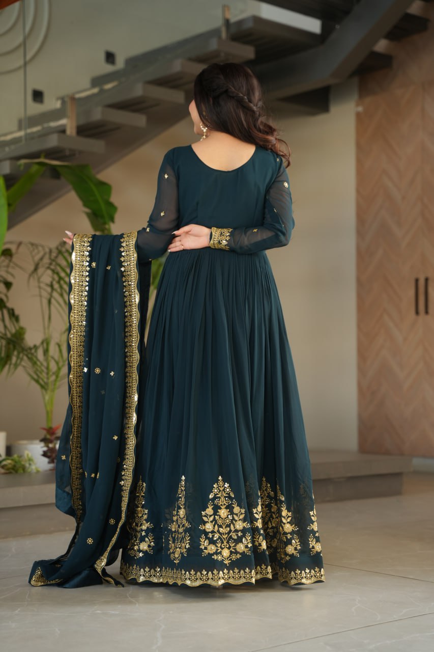 Dark Green Faux Blooming Georgette with Zari Thread &amp; Sequins Embroidery