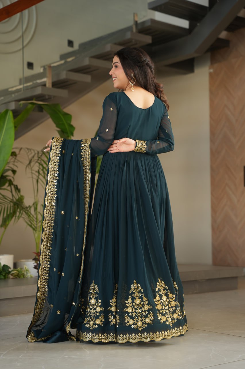 Dark Green Faux Blooming Georgette with Zari Thread &amp; Sequins Embroidery