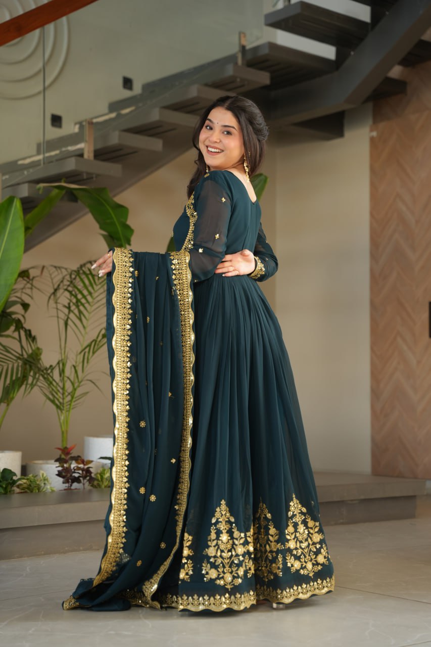 Dark Green Faux Blooming Georgette with Zari Thread &amp; Sequins Embroidery