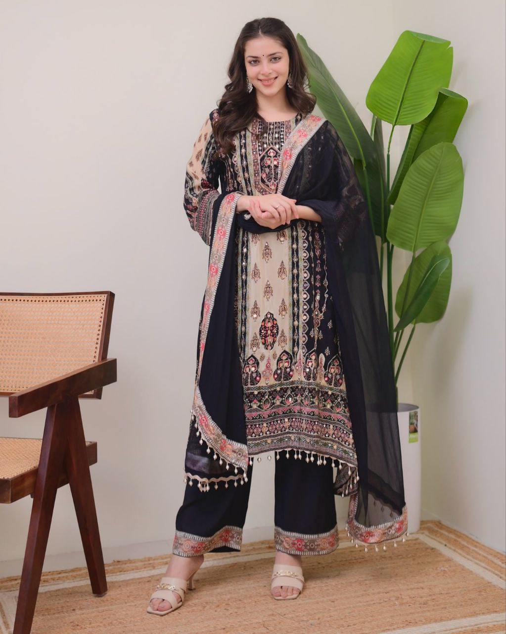 JAYPURI TRENDING BLACK TOP WITH PRINTED WORK WITH MIROR WORK WITH PLAZZO AND DUPATTA