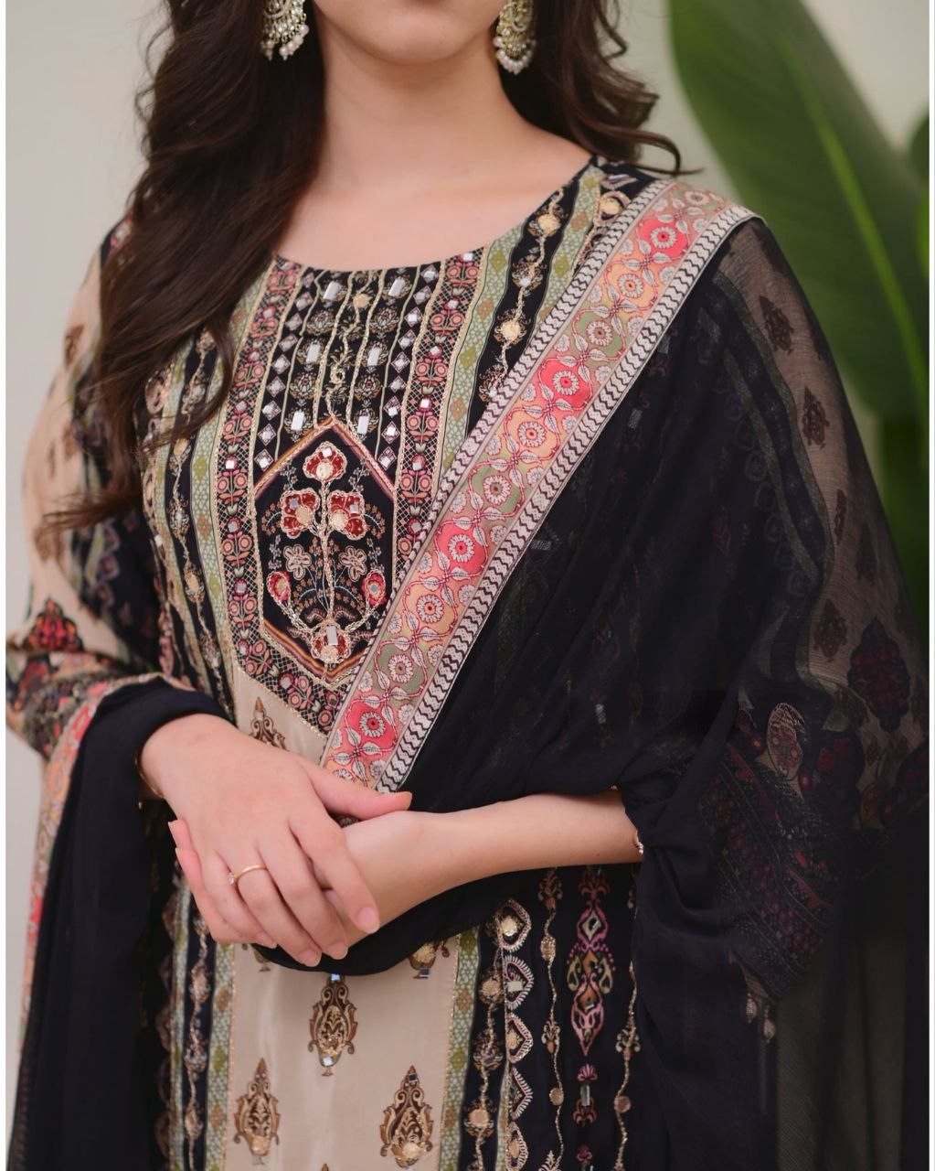 JAYPURI TRENDING BLACK TOP WITH PRINTED WORK WITH MIROR WORK WITH PLAZZO AND DUPATTA