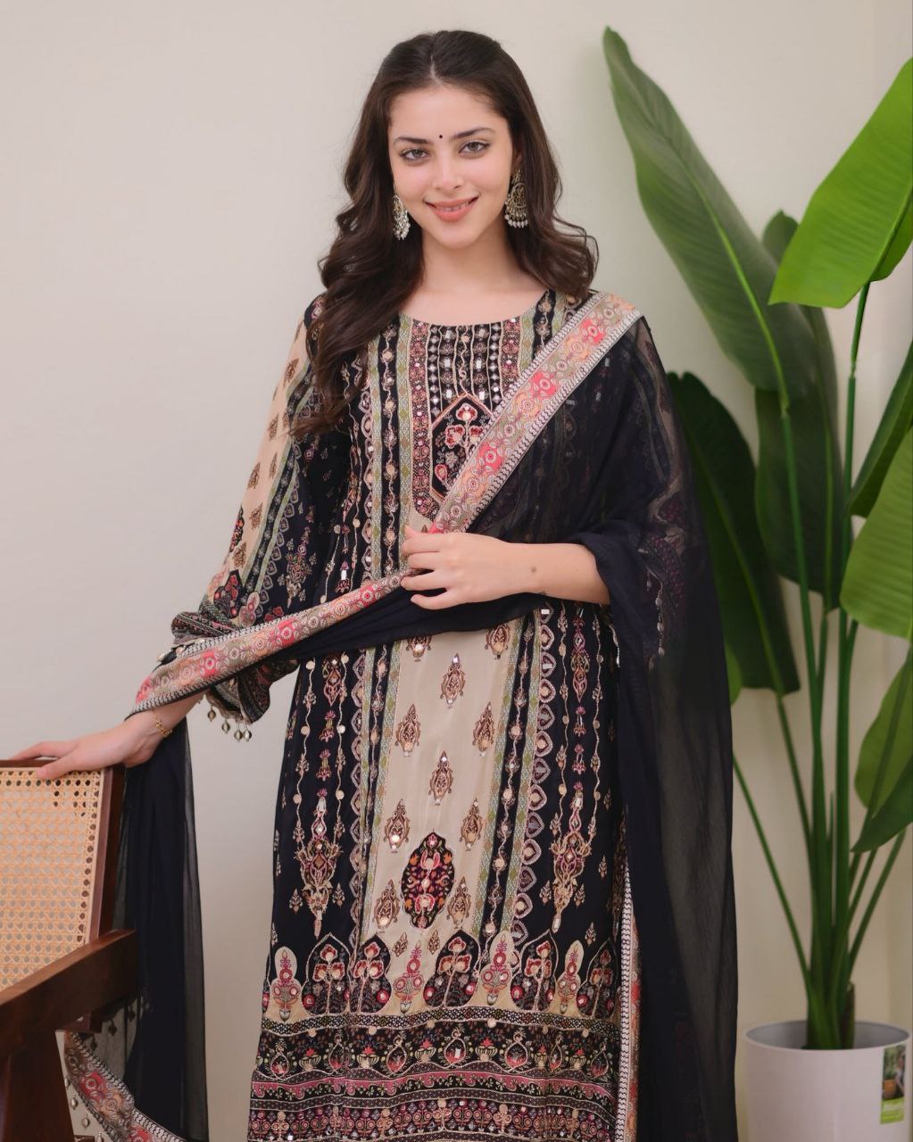 JAYPURI TRENDING BLACK TOP WITH PRINTED WORK WITH MIROR WORK WITH PLAZZO AND DUPATTA