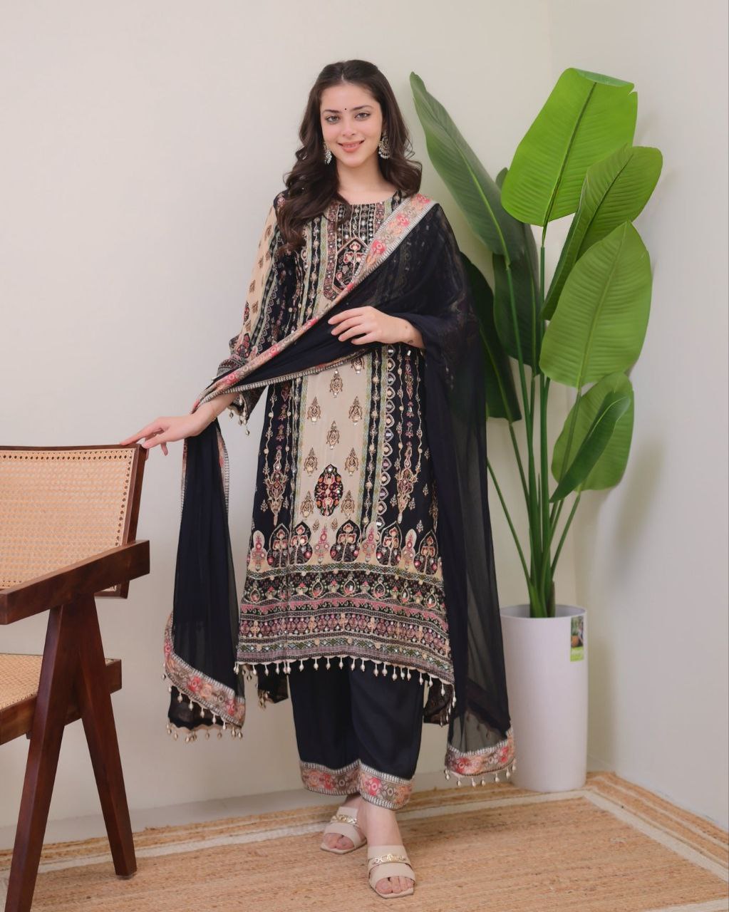 JAYPURI TRENDING BLACK TOP WITH PRINTED WORK WITH MIROR WORK WITH PLAZZO AND DUPATTA