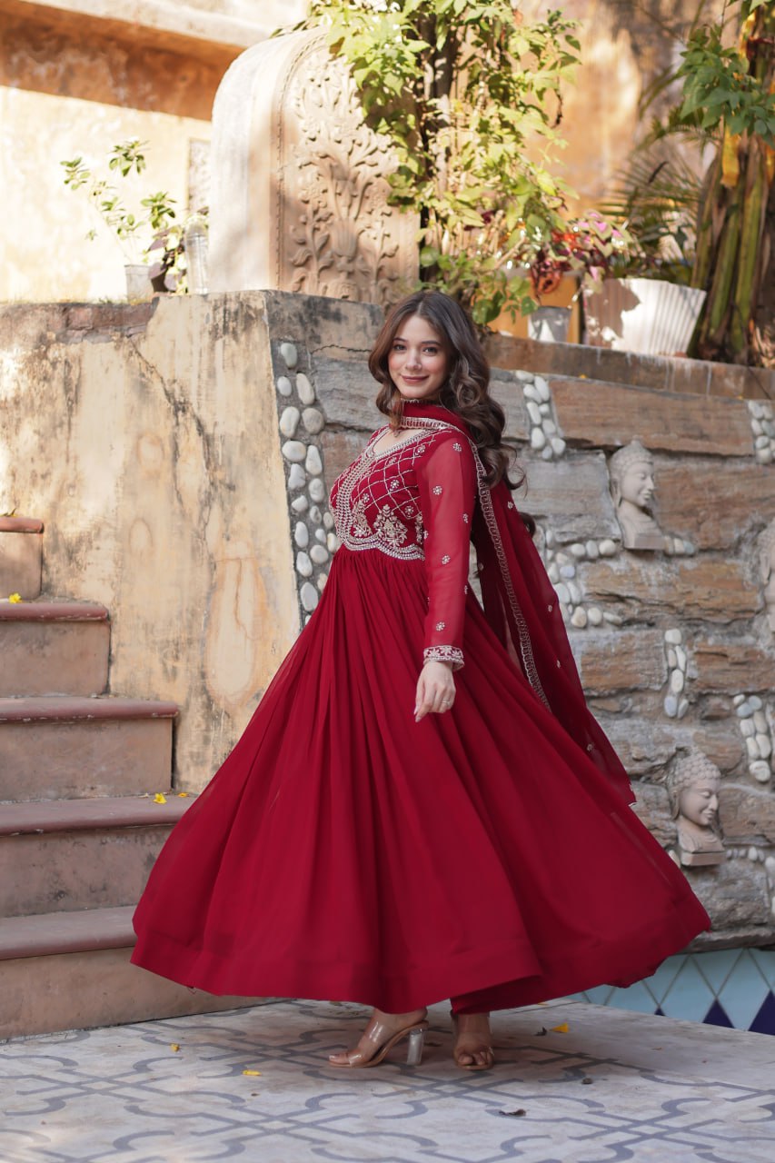 Red Faux Blooming gown with Sequins-Multi And Beads Embroidered Work