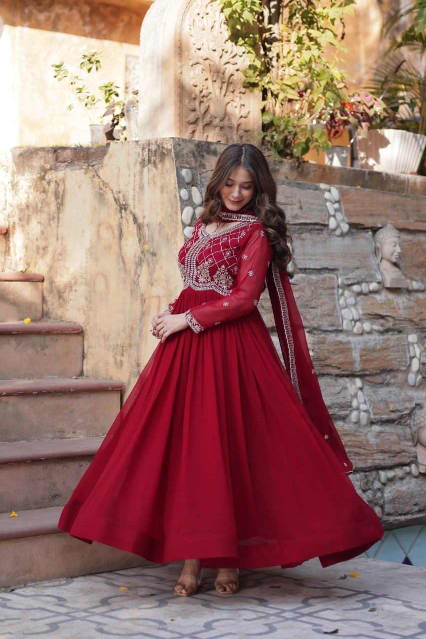 Red Faux Blooming gown with Sequins-Multi And Beads Embroidered Work