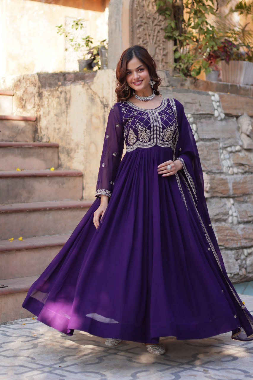 Purple Faux Blooming gown with Sequins-Multi And Beads Embroidered Work