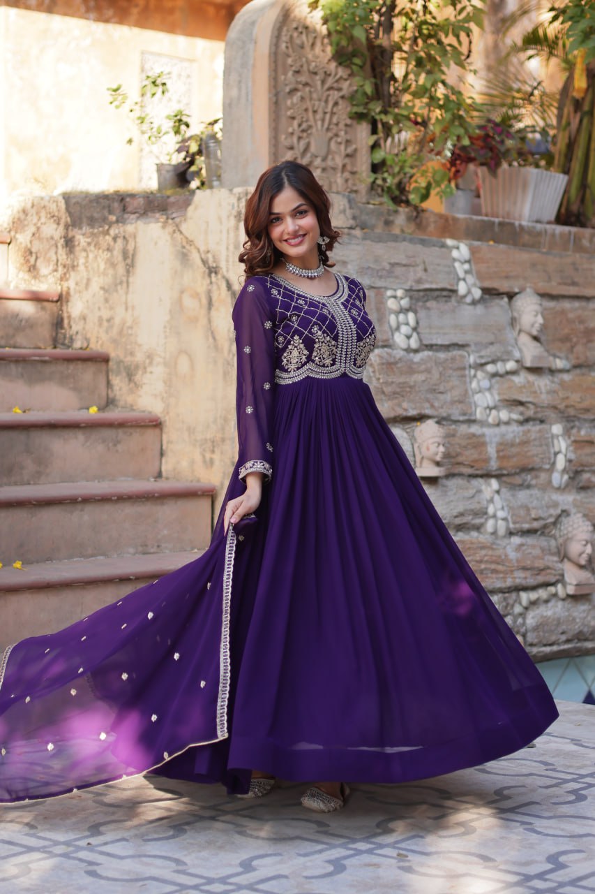 Purple Faux Blooming gown with Sequins-Multi And Beads Embroidered Work