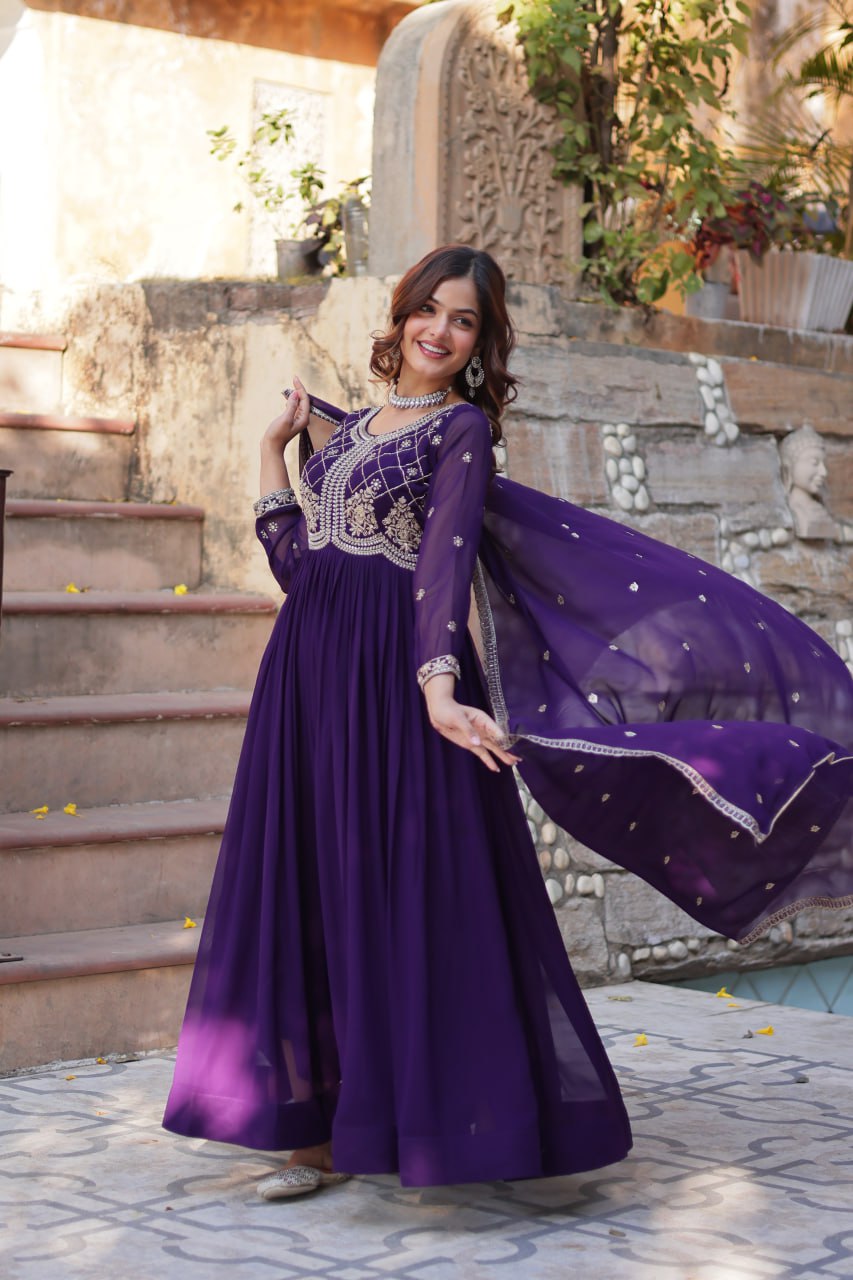 Purple Faux Blooming gown with Sequins-Multi And Beads Embroidered Work
