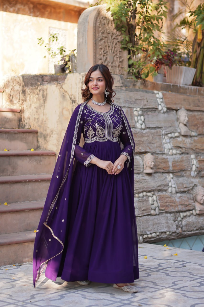 Purple Faux Blooming gown with Sequins-Multi And Beads Embroidered Work