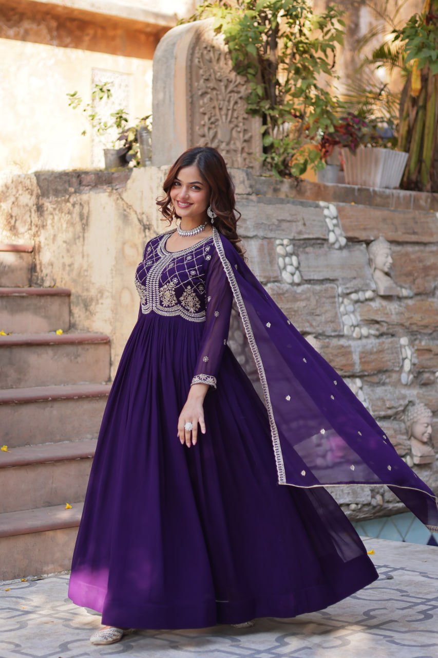 Purple Faux Blooming gown with Sequins-Multi And Beads Embroidered Work
