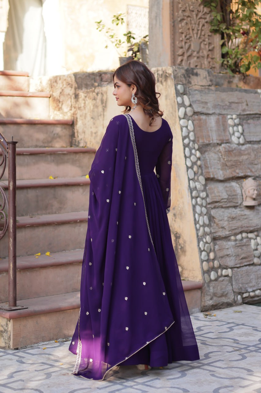 Purple Faux Blooming gown with Sequins-Multi And Beads Embroidered Work