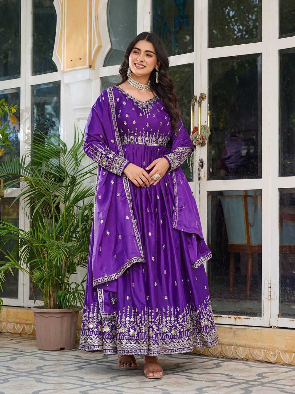 Embroidered Anarkali Gown Set with Dupatta