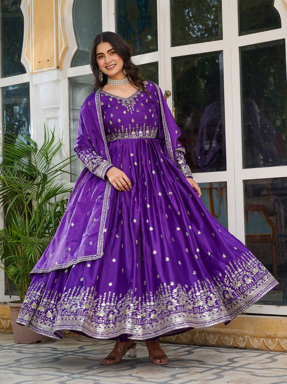 Embroidered Anarkali Gown Set with Dupatta