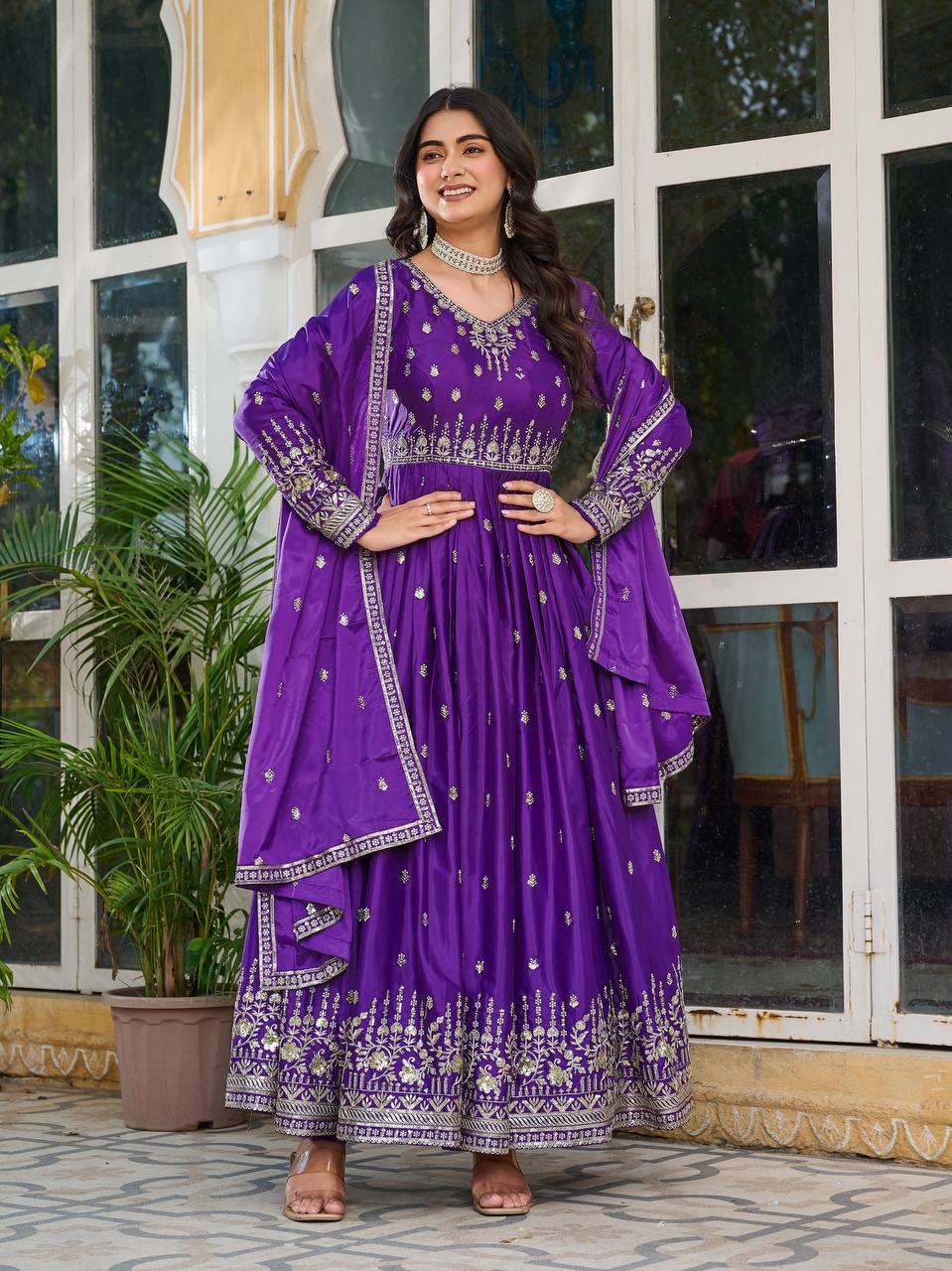 Embroidered Anarkali Gown Set with Dupatta