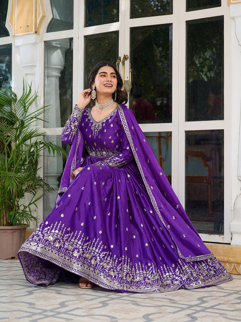 Embroidered Anarkali Gown Set with Dupatta