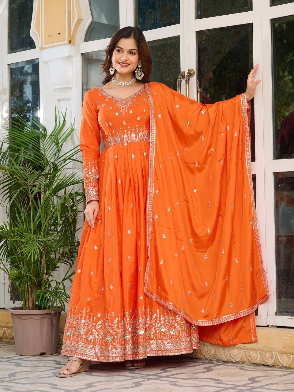 Embroidered Anarkali Gown Set with Dupatta