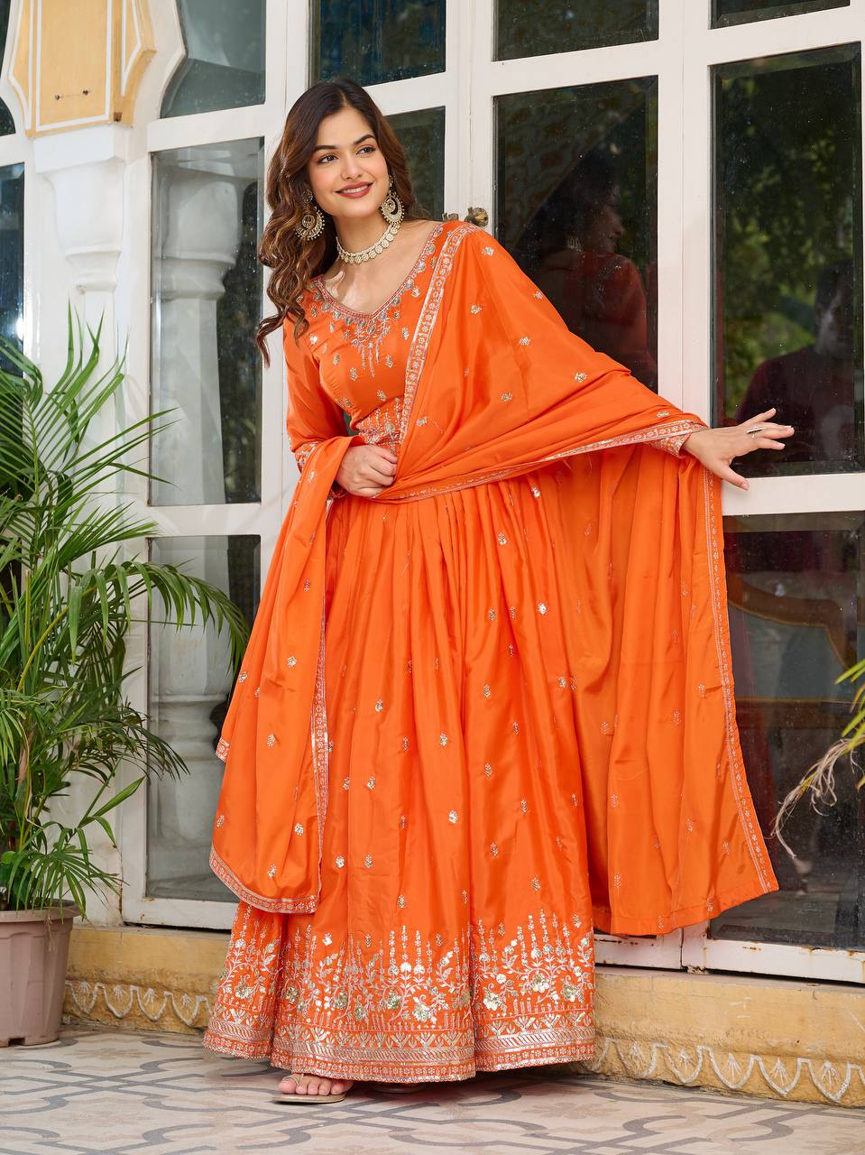 Embroidered Anarkali Gown Set with Dupatta