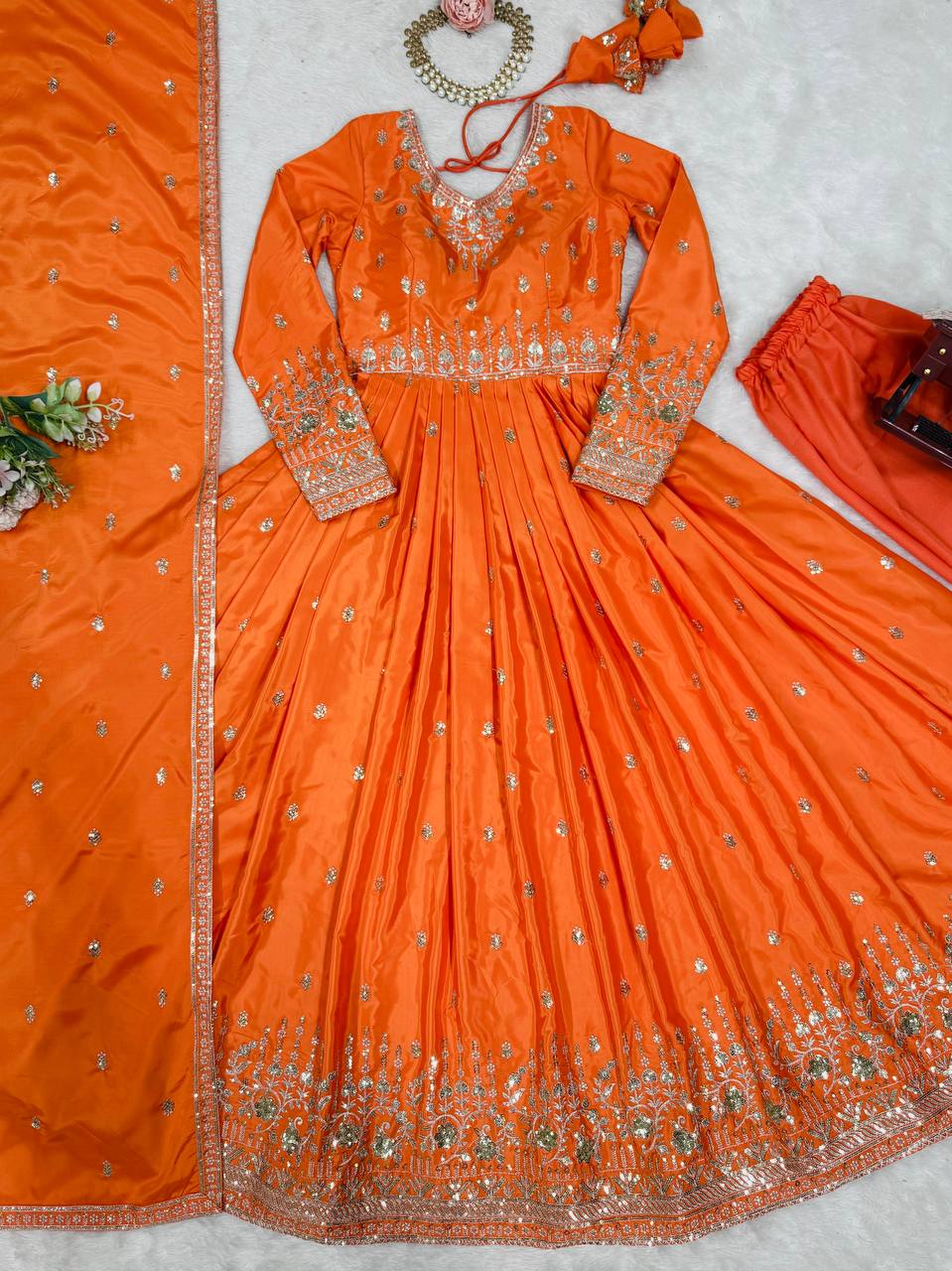 Embroidered Anarkali Gown Set with Dupatta