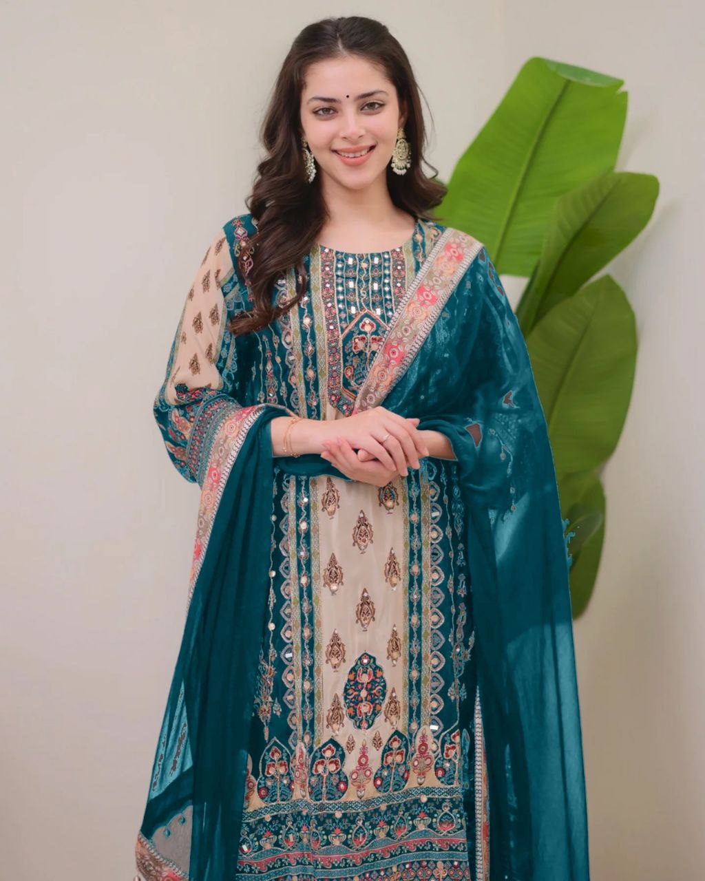 JAYPURI TRENDING TOP WITH PRINTED WORK WITH MIROR WORK WITH PLAZZO AND DUPATTA