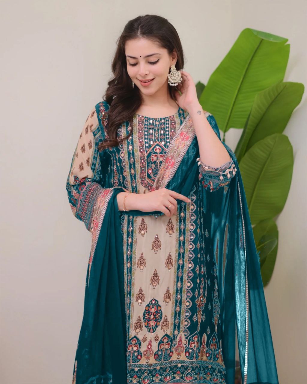 JAYPURI TRENDING TOP WITH PRINTED WORK WITH MIROR WORK WITH PLAZZO AND DUPATTA