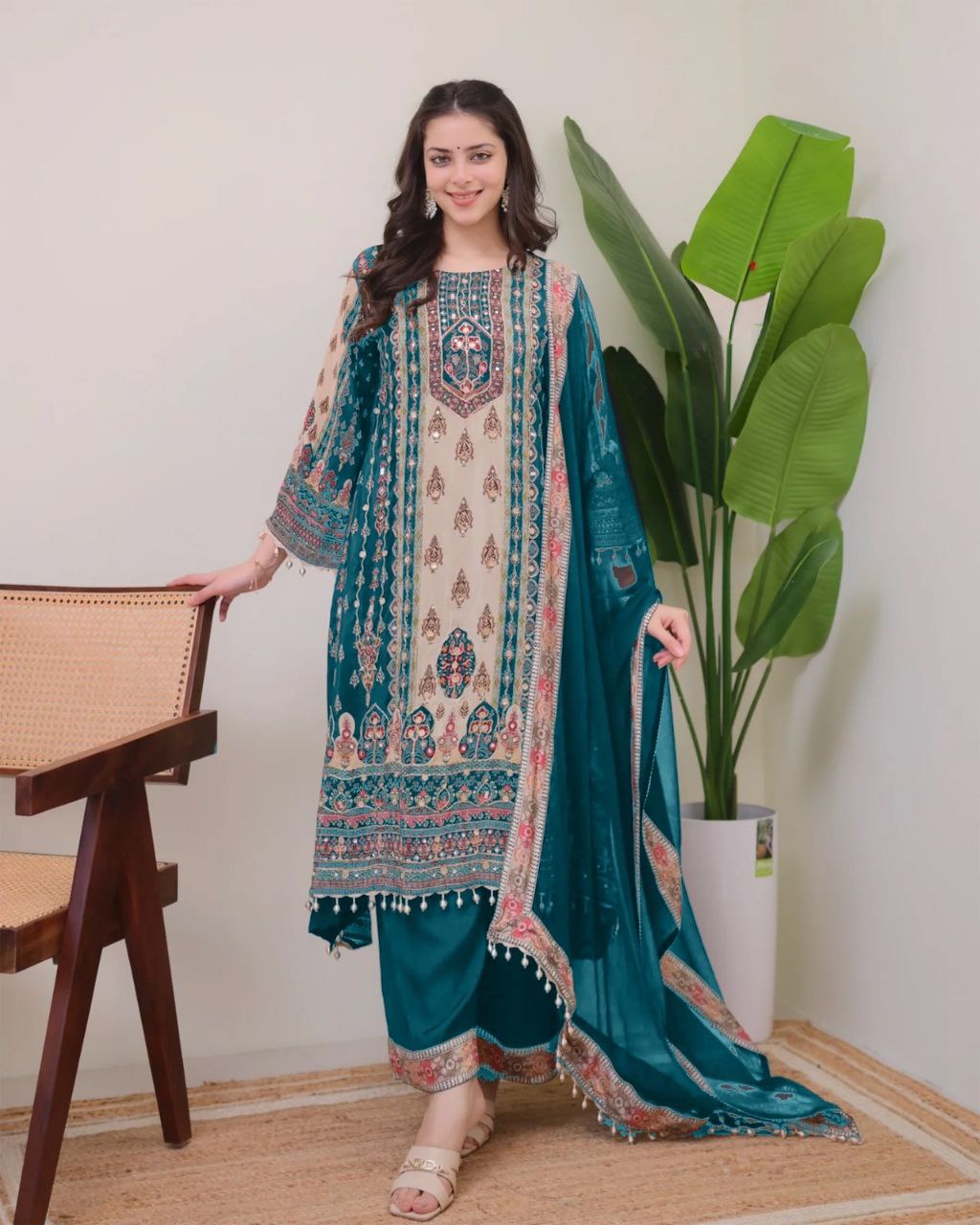 JAYPURI TRENDING TOP WITH PRINTED WORK WITH MIROR WORK WITH PLAZZO AND DUPATTA