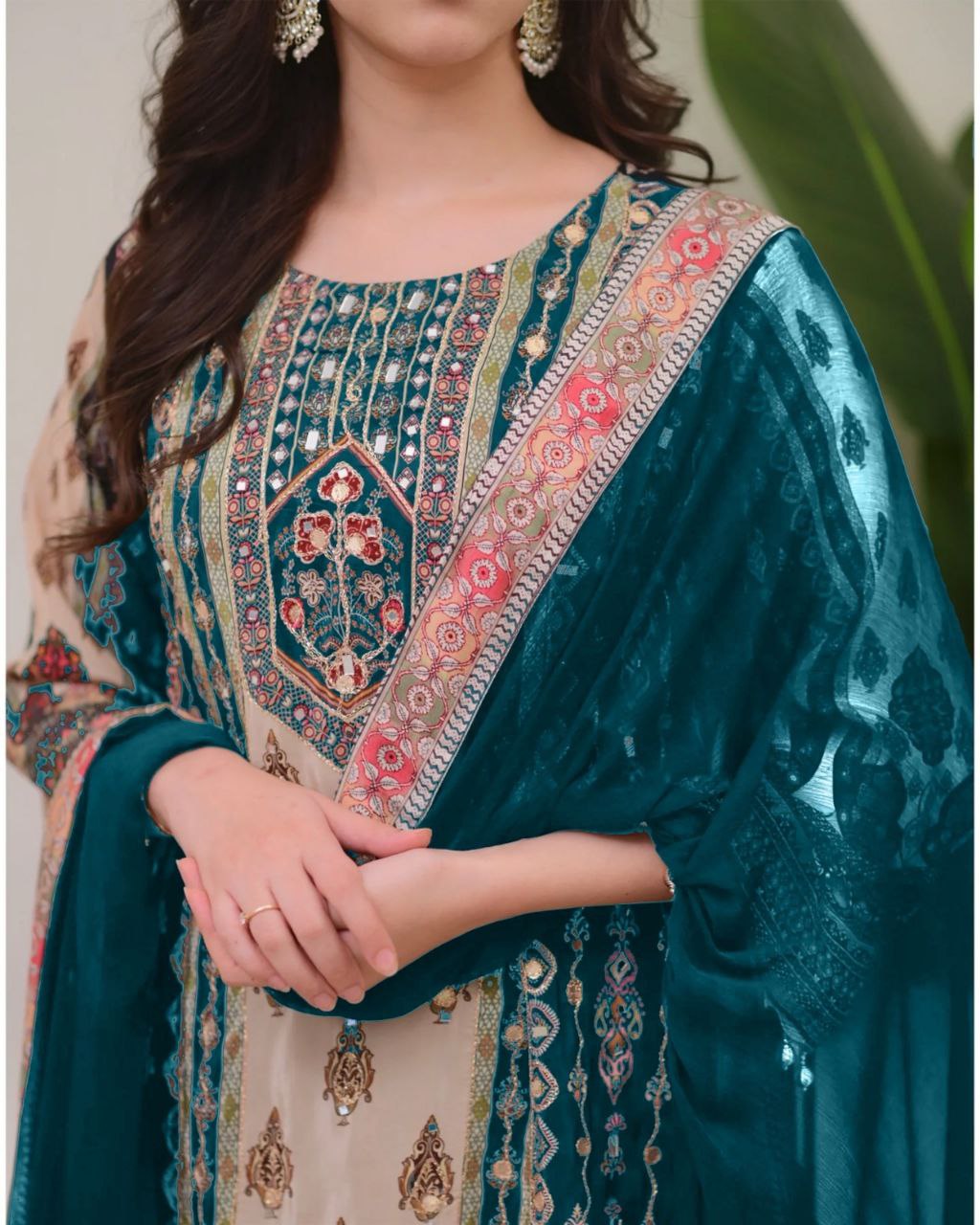 JAYPURI TRENDING TOP WITH PRINTED WORK WITH MIROR WORK WITH PLAZZO AND DUPATTA
