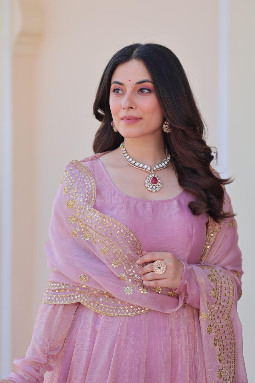 Fendy Chiffon gown with Sequins-Multi Embroidered Work Dupatta