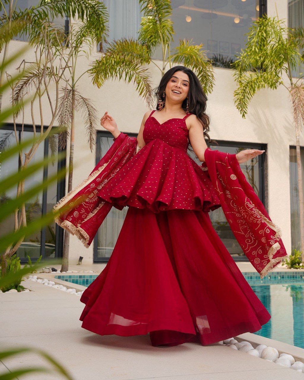 New Designer Party Wear Look Red Top-Plazzo and Dupatta