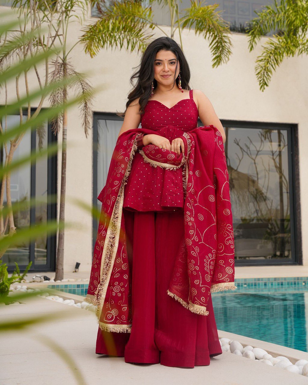 New Designer Party Wear Look Red Top-Plazzo and Dupatta