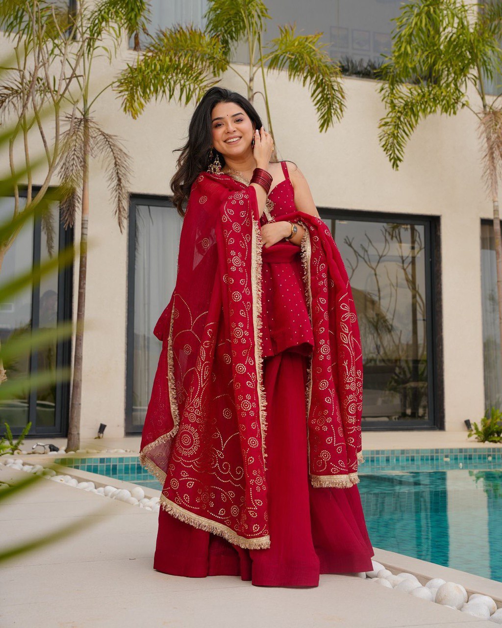 New Designer Party Wear Look Red Top-Plazzo and Dupatta